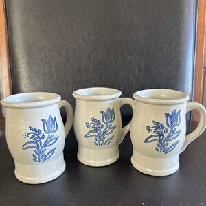 Yorktowne by PFALTZGRAFF "Blue Tulip" Footed-Pedestal-Mug Set 3 Stoneware USA